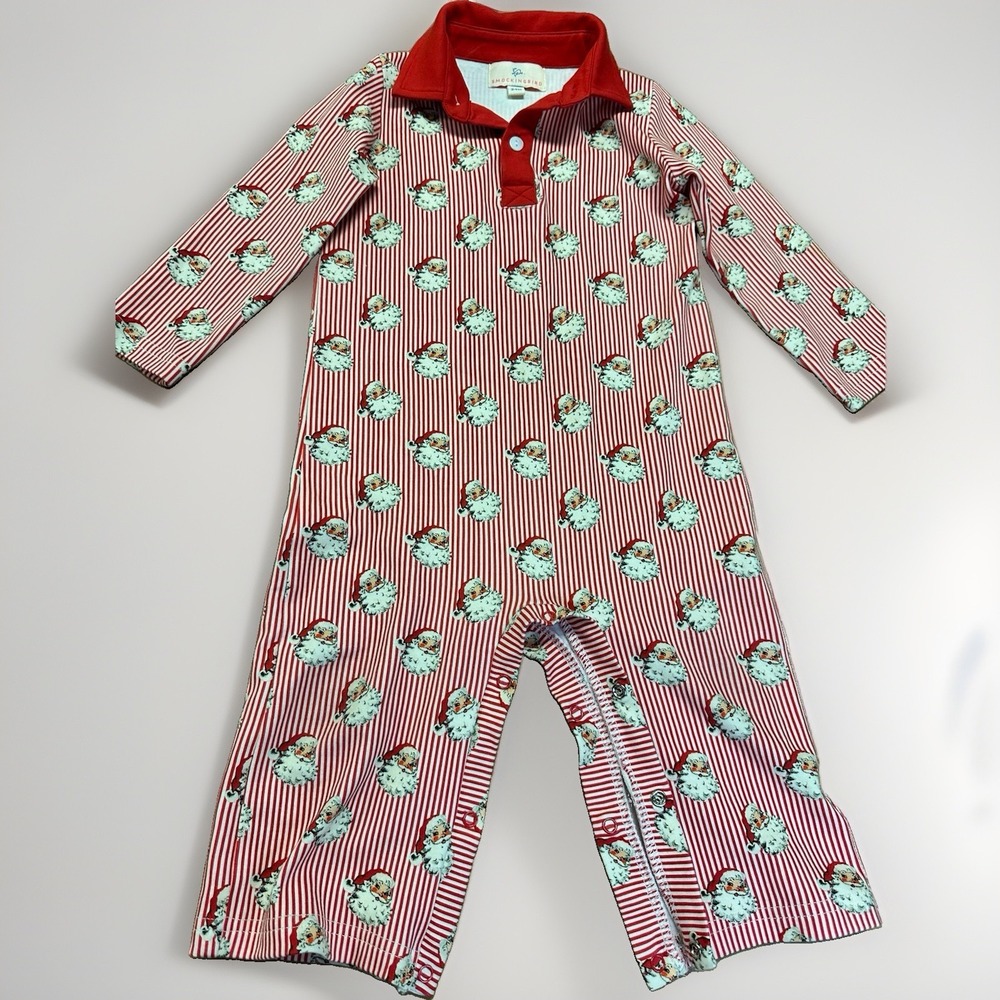Smockingbird Unisex Red White Stripes Vintage Santa Print Romper Size 24 Months
